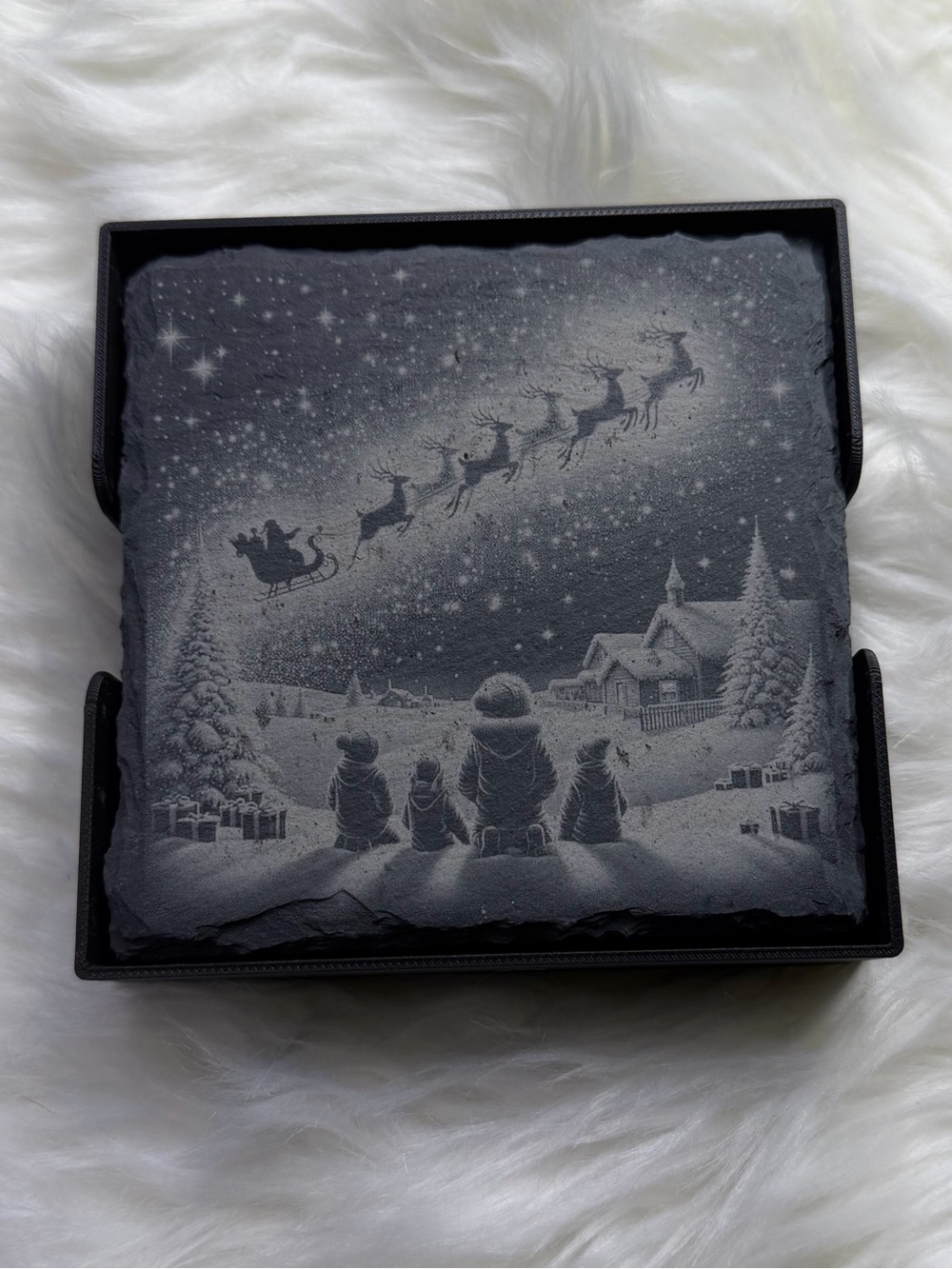 Hand Crafted Slate Holiday Coasters Set of 4 and Holder